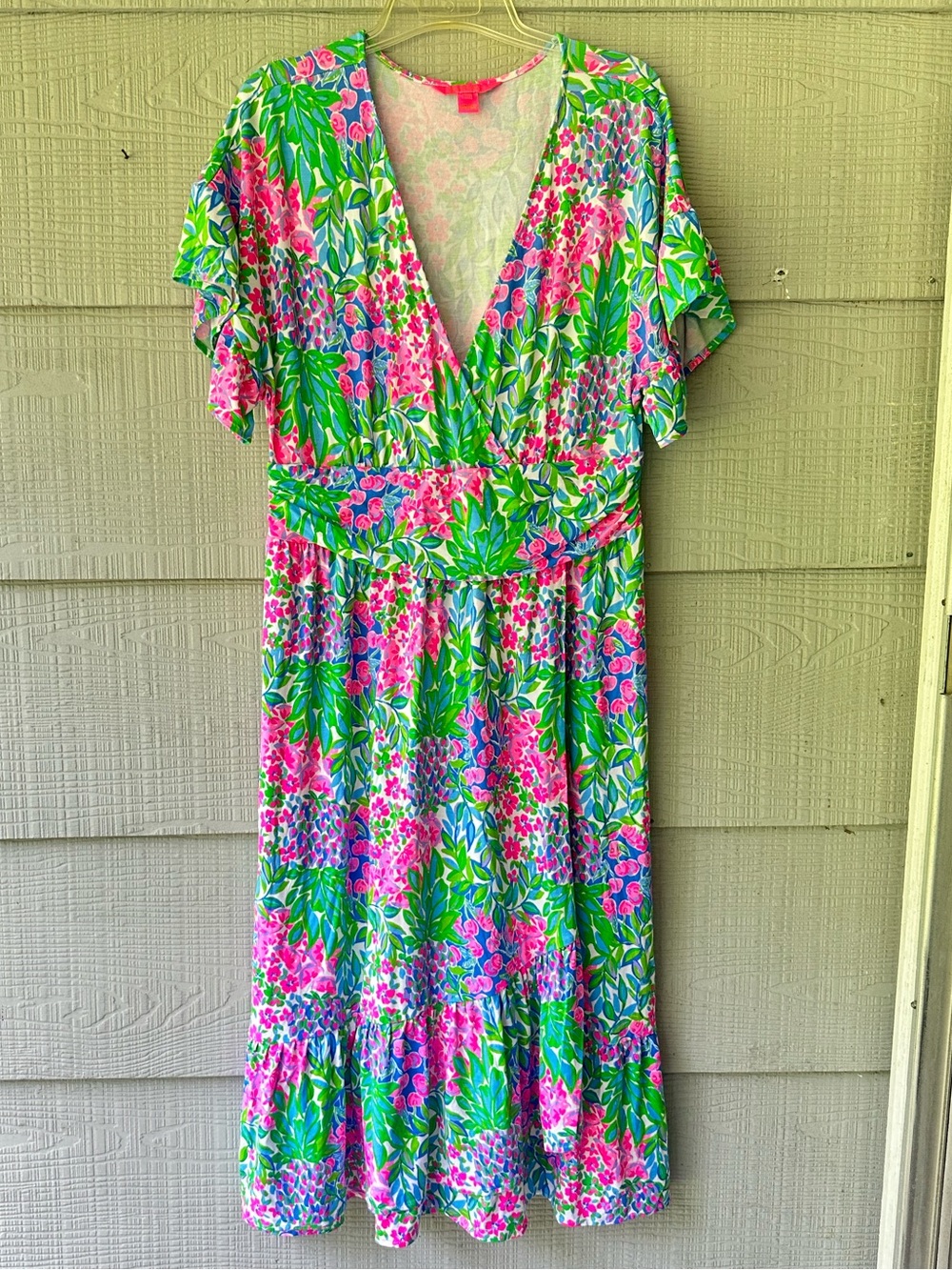 Lilly Pulitzer Juliet Cherry On Top Floral Ruffle Midi Dress Short Sleeves~XL
